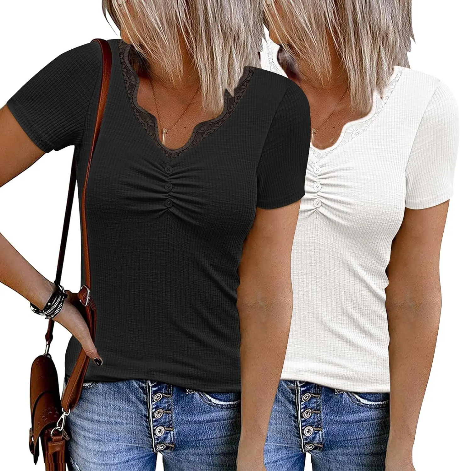 Women's 2024 Short Sleeve Ribbed Knit Tops Ruched V Neck Henley Shirts Button Up Lace Trim Blouses Tee