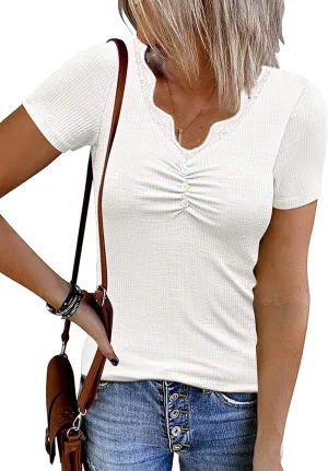 Women's 2024 Short Sleeve Ribbed Knit Tops Ruched V Neck Henley Shirts Button Up Lace Trim Blouses Tee