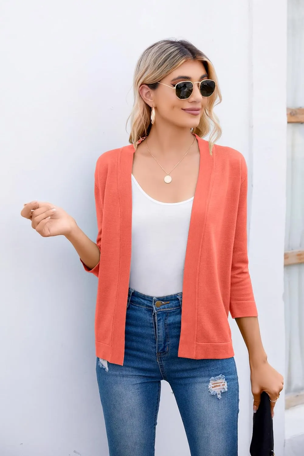Women's 3/4 Sleeve Open Front Cropped Cardigan Sweater Elegant Shrugs for Women