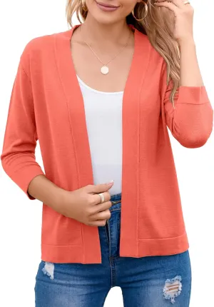 Women's 3/4 Sleeve Open Front Cropped Cardigan Sweater Elegant Shrugs for Women