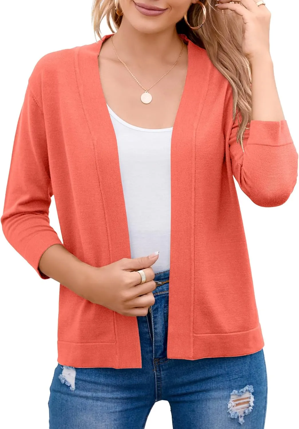 Women's 3/4 Sleeve Open Front Cropped Cardigan Sweater Elegant Shrugs for Women