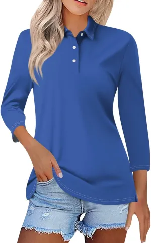 Womens 3/4 Sleeve Polo Shirts 2024 Fall Dressy Button Down Collared Blouses Solid Tunic Tops for Work Golf
