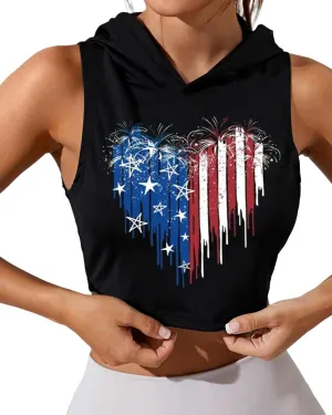 Women's American Flag Crop Top Sleeveless Hoodie USA Patriotic 4th of July Tank Independence Day Graphic Tee