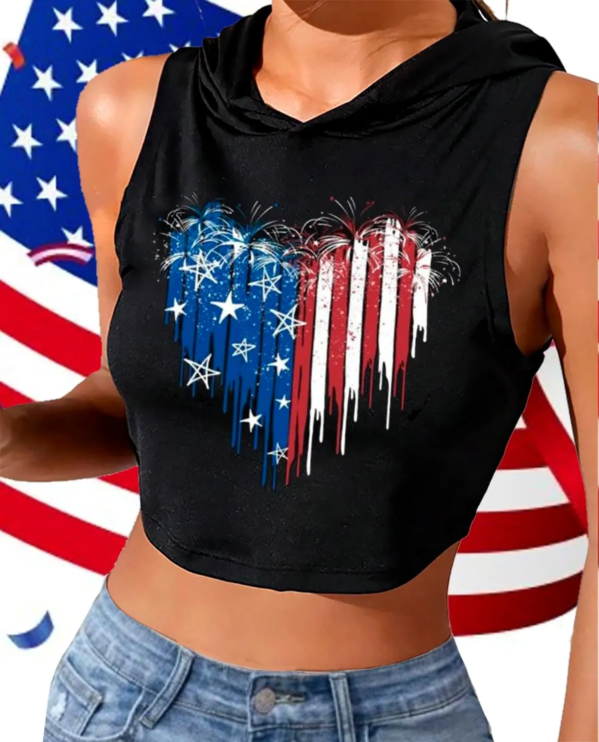 Women's American Flag Crop Top Sleeveless Hoodie USA Patriotic 4th of July Tank Independence Day Graphic Tee