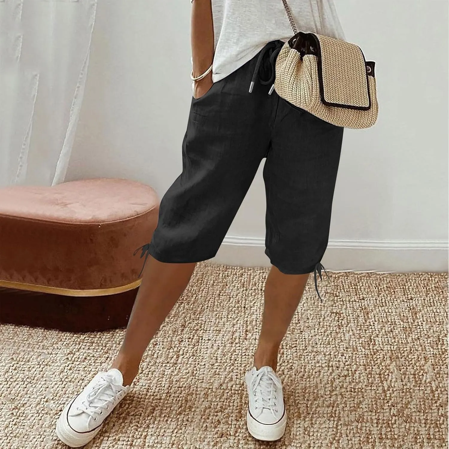 Womens Bermuda Shorts Cotton Linen Knee Length Elastic Waist Drawstring Capris Loose Beach Shorts with Pockets