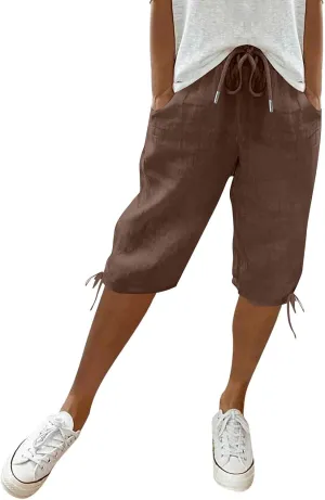 Womens Bermuda Shorts Cotton Linen Knee Length Elastic Waist Drawstring Capris Loose Beach Shorts with Pockets
