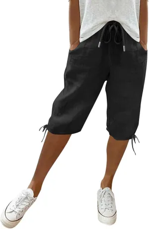 Womens Bermuda Shorts Cotton Linen Knee Length Elastic Waist Drawstring Capris Loose Beach Shorts with Pockets