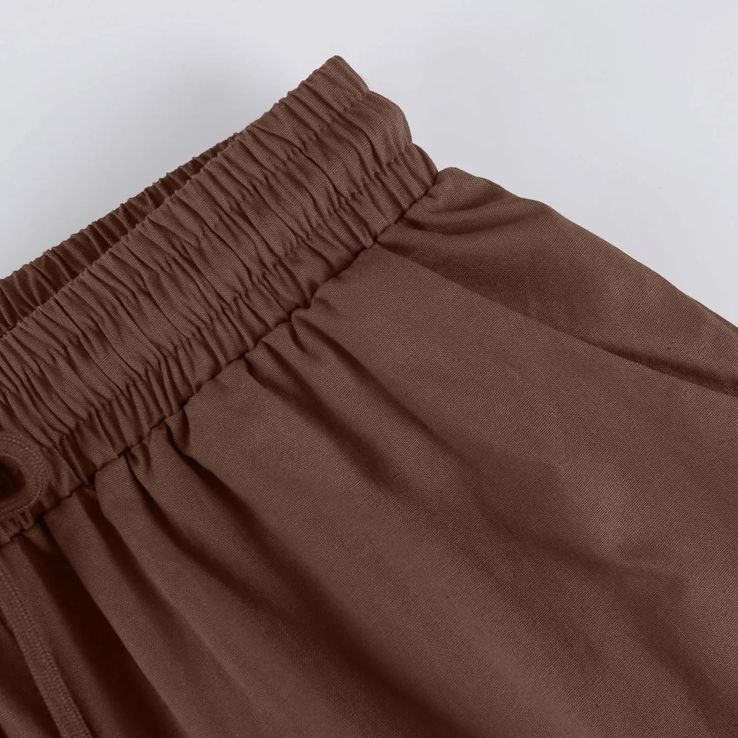 Womens Bermuda Shorts Cotton Linen Knee Length Elastic Waist Drawstring Capris Loose Beach Shorts with Pockets