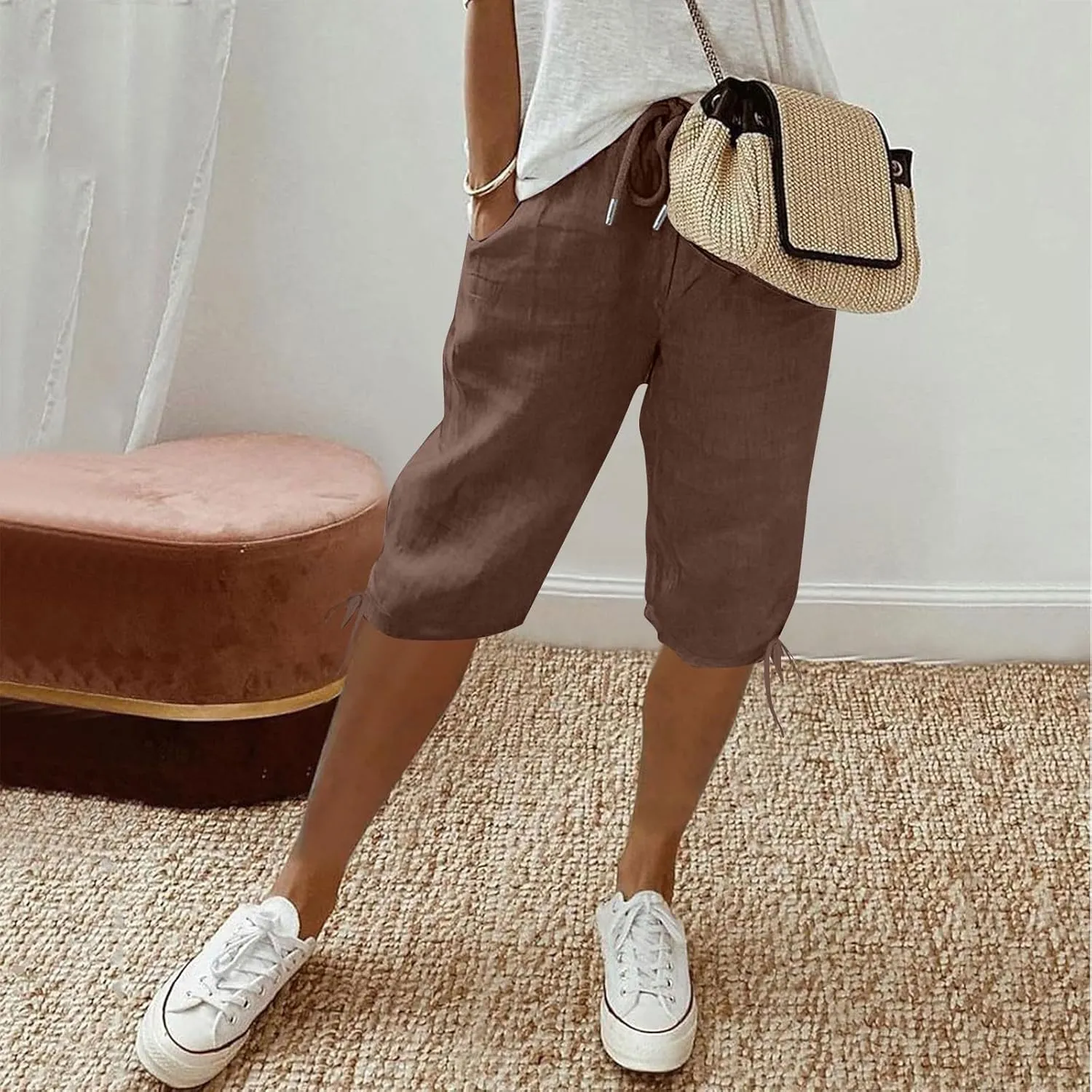 Womens Bermuda Shorts Cotton Linen Knee Length Elastic Waist Drawstring Capris Loose Beach Shorts with Pockets