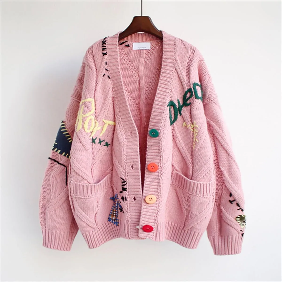Women's Cable Knit Open Front Cardigan V-Neck Button Down Embroidery Wool Blend Sweater Coat