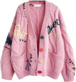 Women's Cable Knit Open Front Cardigan V-Neck Button Down Embroidery Wool Blend Sweater Coat