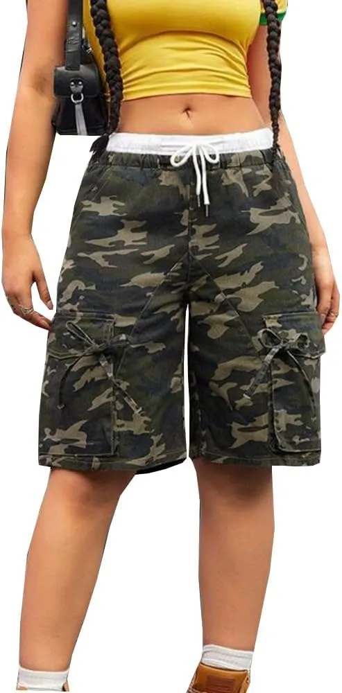 Women's Camo Shorts Elastic Waist Casual Loose Fit High Waisted Camo Short Comfy Multi Pocket Camouflage Shorts