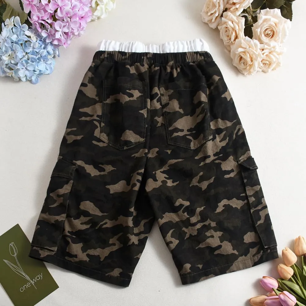 Women's Camo Shorts Elastic Waist Casual Loose Fit High Waisted Camo Short Comfy Multi Pocket Camouflage Shorts