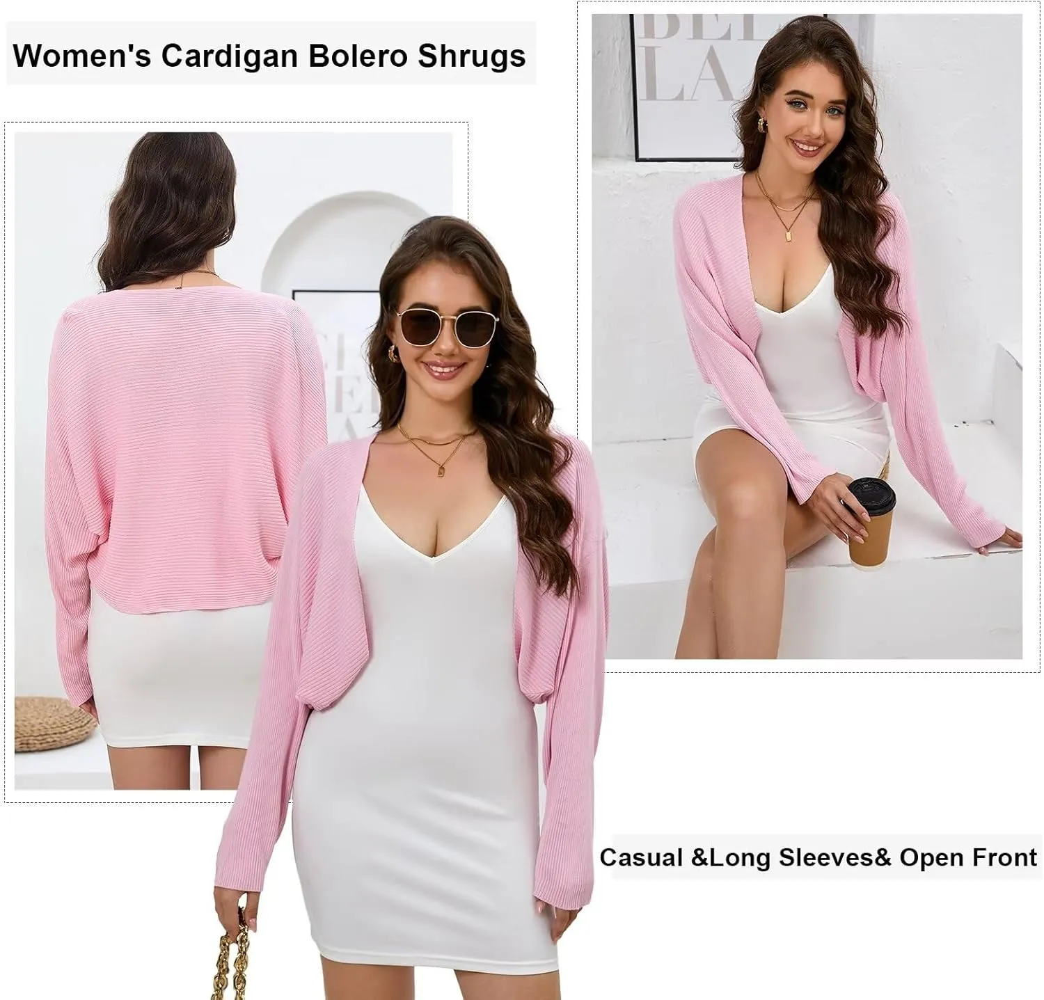 Women's Cardigan Summer 2024 Bolero Shrugs for Dresses Cropped Sweater Long Sleeve Lightweight Open Front Elegant Knit Top.