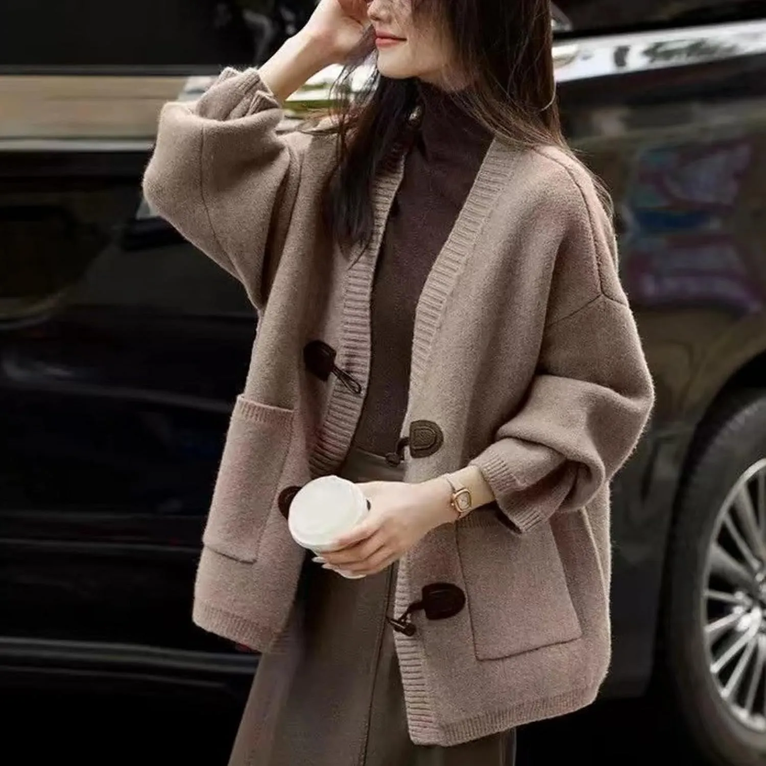 Women's Cardigan Sweaters Casual Loose V Neck Toggle Button Down Sweater Outwear