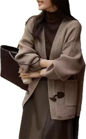 Women's Cardigan Sweaters Casual Loose V Neck Toggle Button Down Sweater Outwear