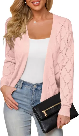 Women's Cardigan Sweaters Lightweight Open Front Long Sleeve Hollow Out (S-2X)