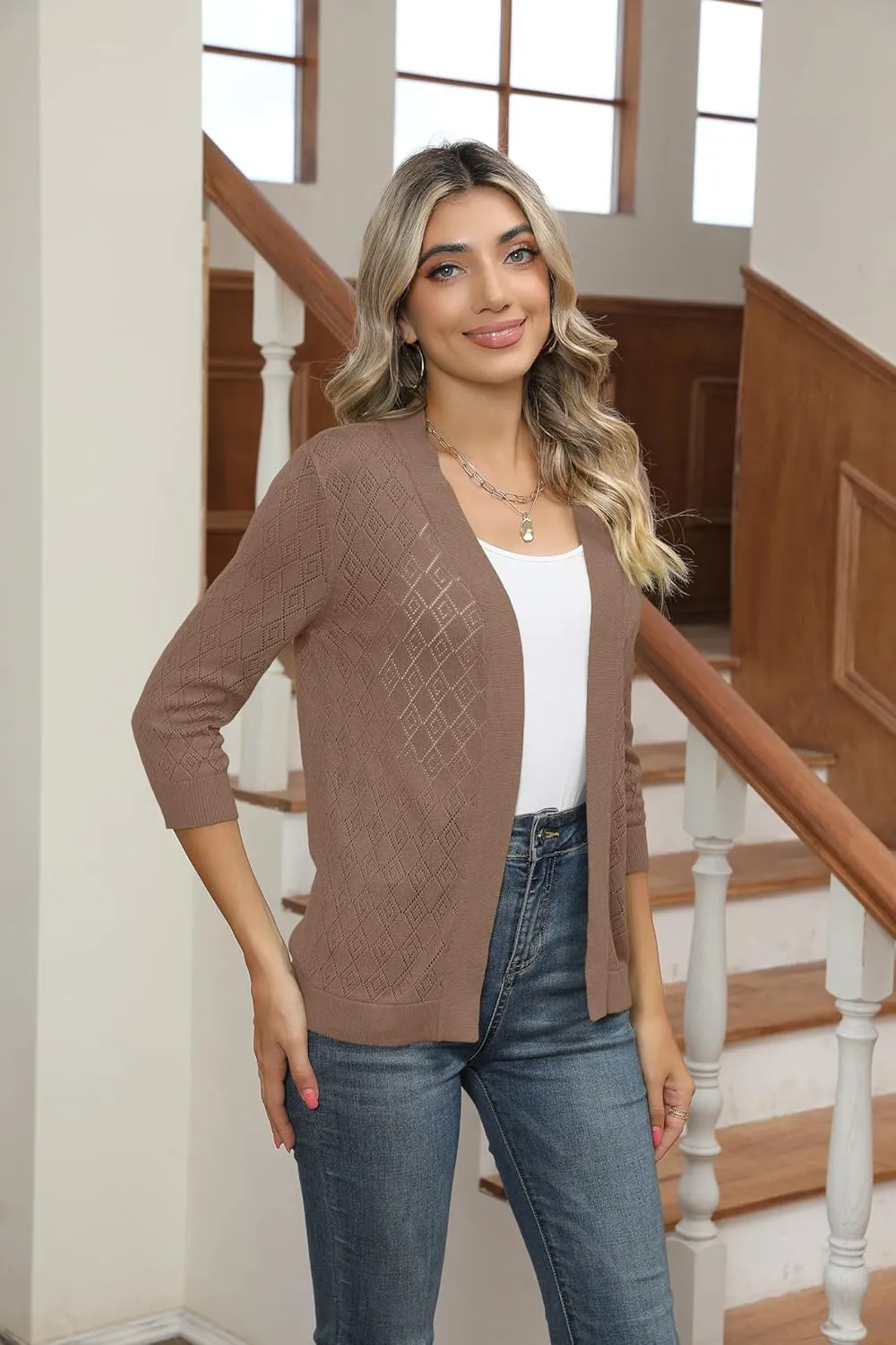 Women's Cardigans 3/4 Sleeve Open Front Lightweight Cropped Cardigan Sweater Hollow Out Knit Shrugs for Dresses