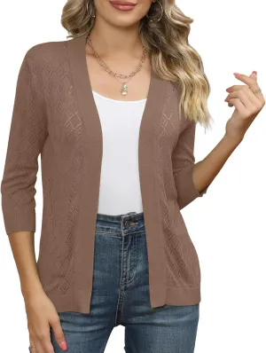 Women's Cardigans 3/4 Sleeve Open Front Lightweight Cropped Cardigan Sweater Hollow Out Knit Shrugs for Dresses
