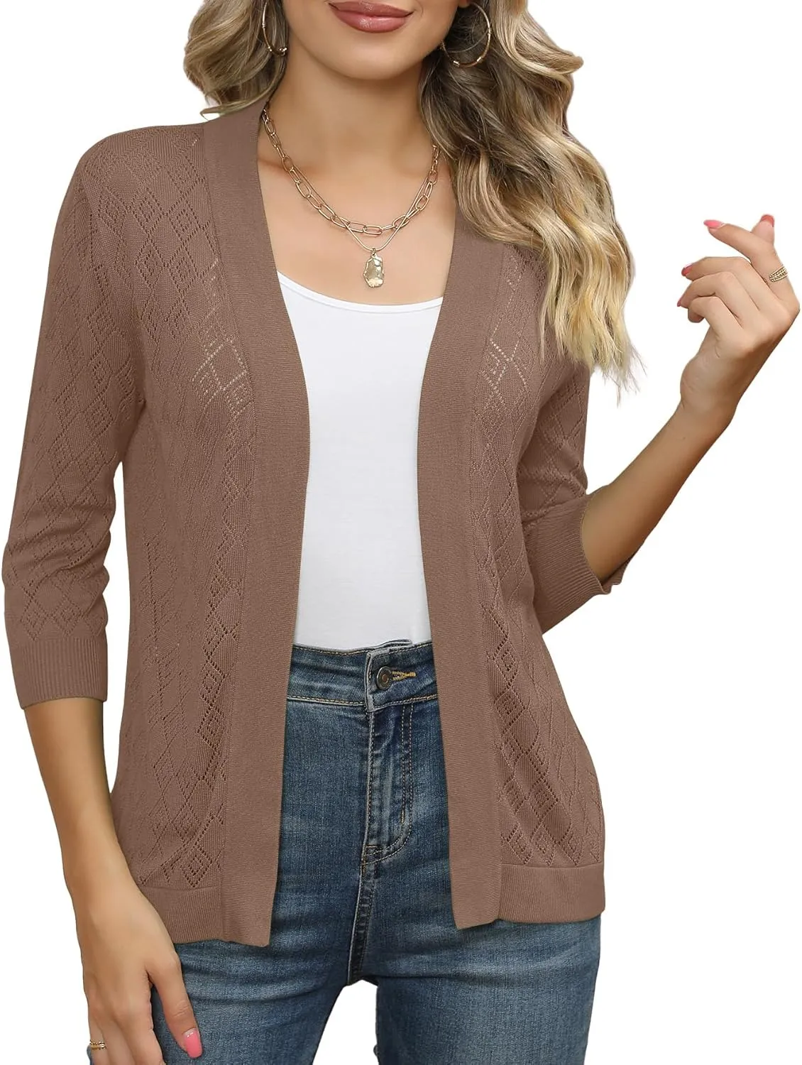 Women's Cardigans 3/4 Sleeve Open Front Lightweight Cropped Cardigan Sweater Hollow Out Knit Shrugs for Dresses