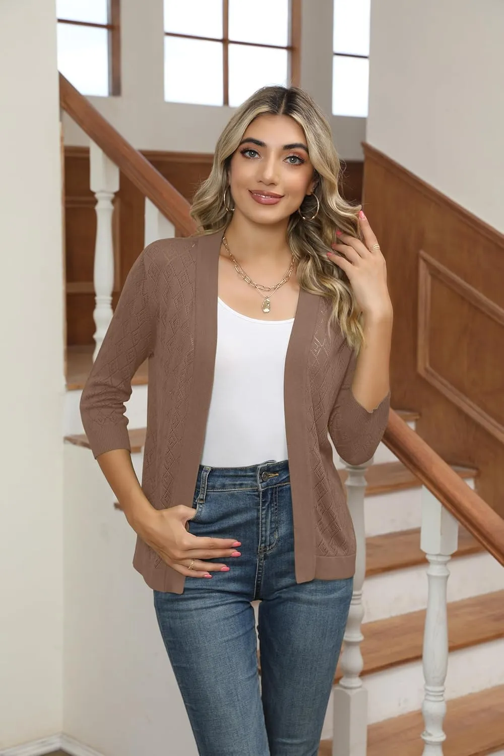 Women's Cardigans 3/4 Sleeve Open Front Lightweight Cropped Cardigan Sweater Hollow Out Knit Shrugs for Dresses