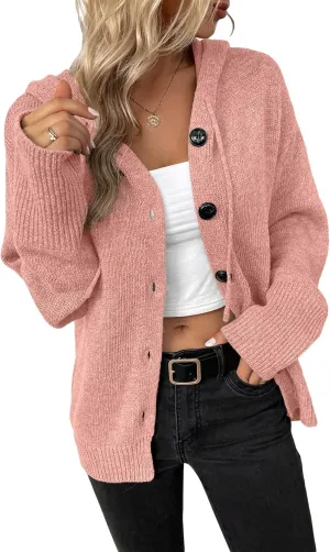 Women's Casual Cardigan V Neck Button Down Hooded Sweaters Long Sleeve Hoodies Outfits