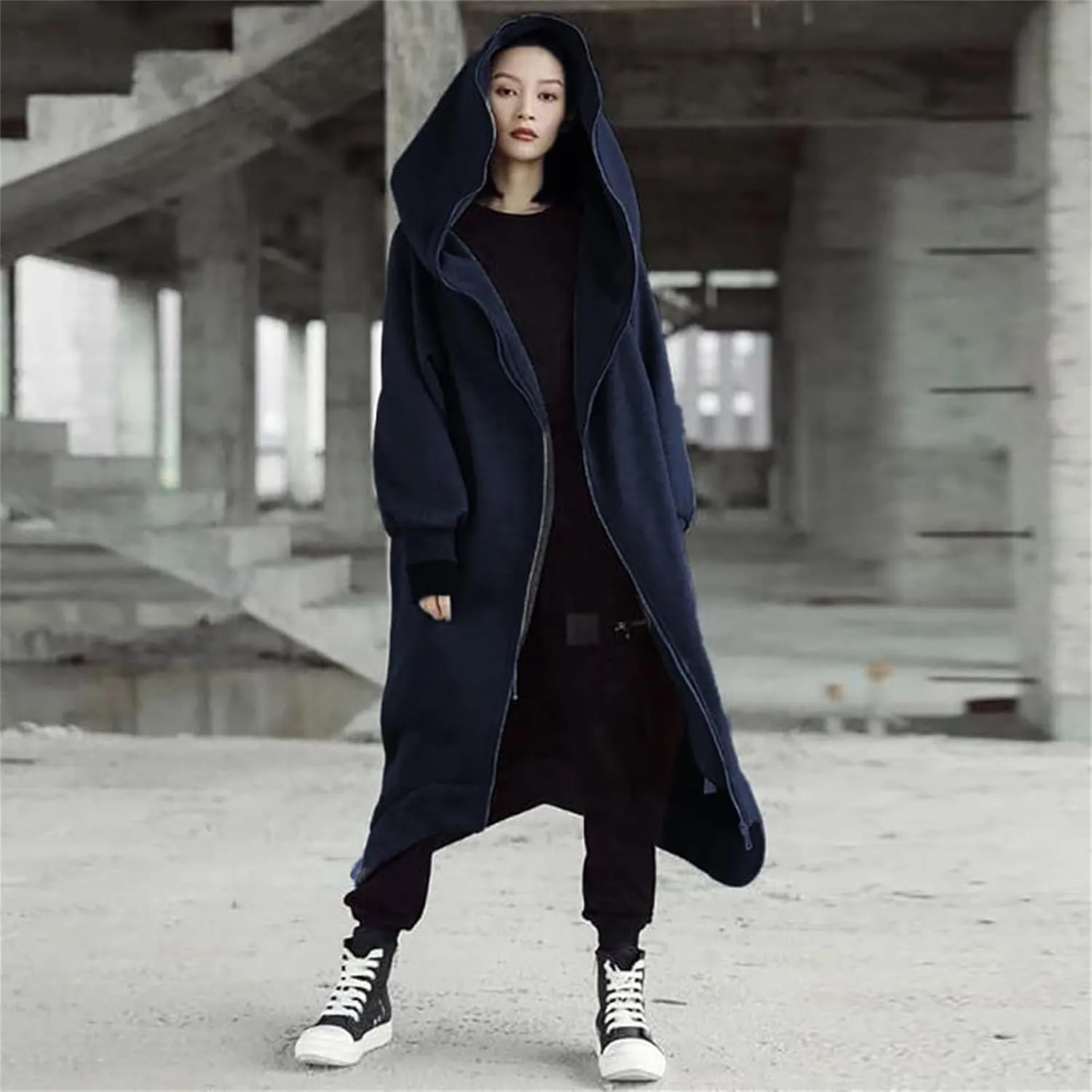Womens Casual Hoodies Open Front Longline Overcoat Cloak Lightweight Long Sleeve Zip Up Cardigans Retro Gothic Jacket