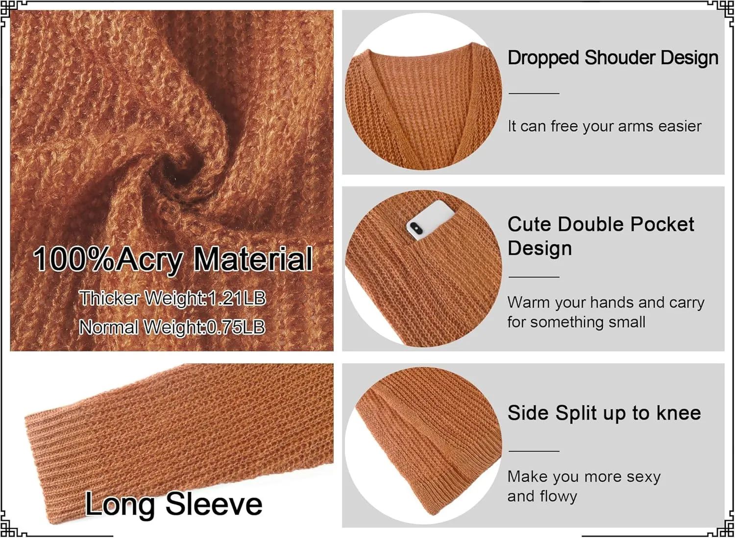 Womens Casual Long Sleeve Split Open Cardigan Knit Long Cardigan Sweaters with Pockets Fall Fashion 2024