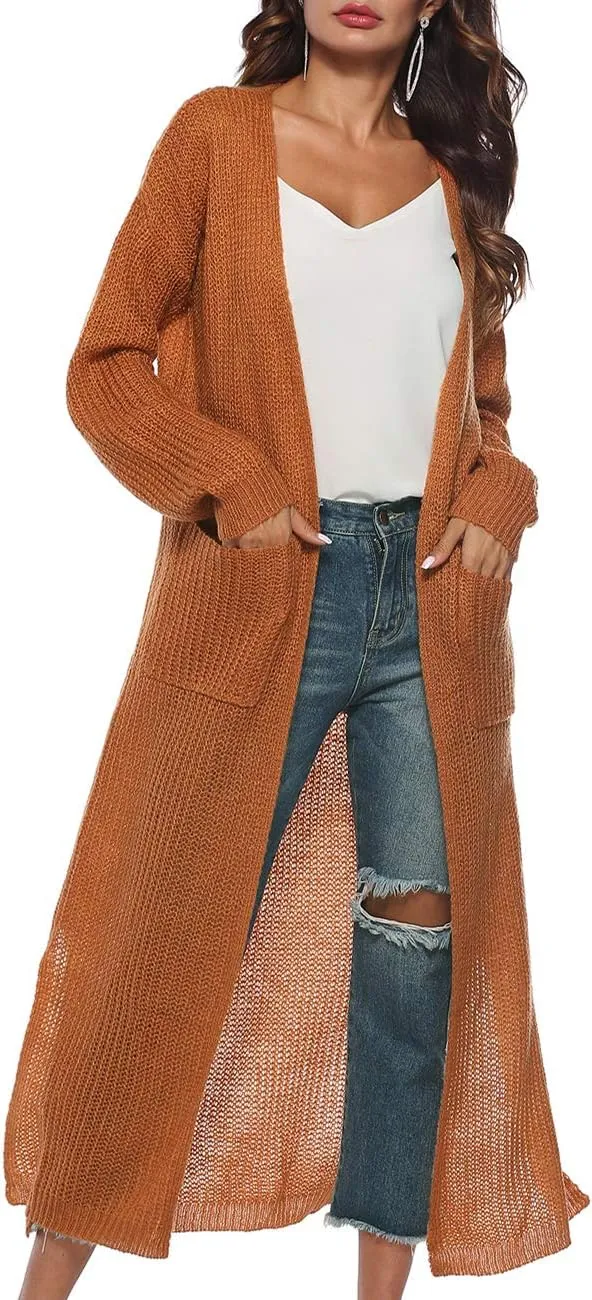 Womens Casual Long Sleeve Split Open Cardigan Knit Long Cardigan Sweaters with Pockets Fall Fashion 2024