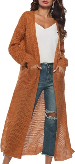 Womens Casual Long Sleeve Split Open Cardigan Knit Long Cardigan Sweaters with Pockets Fall Fashion 2024