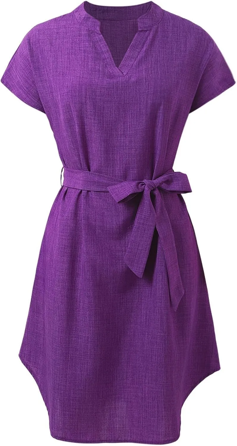 Womens Casual Mini Dresses Solid V Neck Short Sleeve Shirt Belted Dress Irregular Hem Sundress Spring Summer 2025