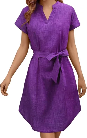 Womens Casual Mini Dresses Solid V Neck Short Sleeve Shirt Belted Dress Irregular Hem Sundress Spring Summer 2025