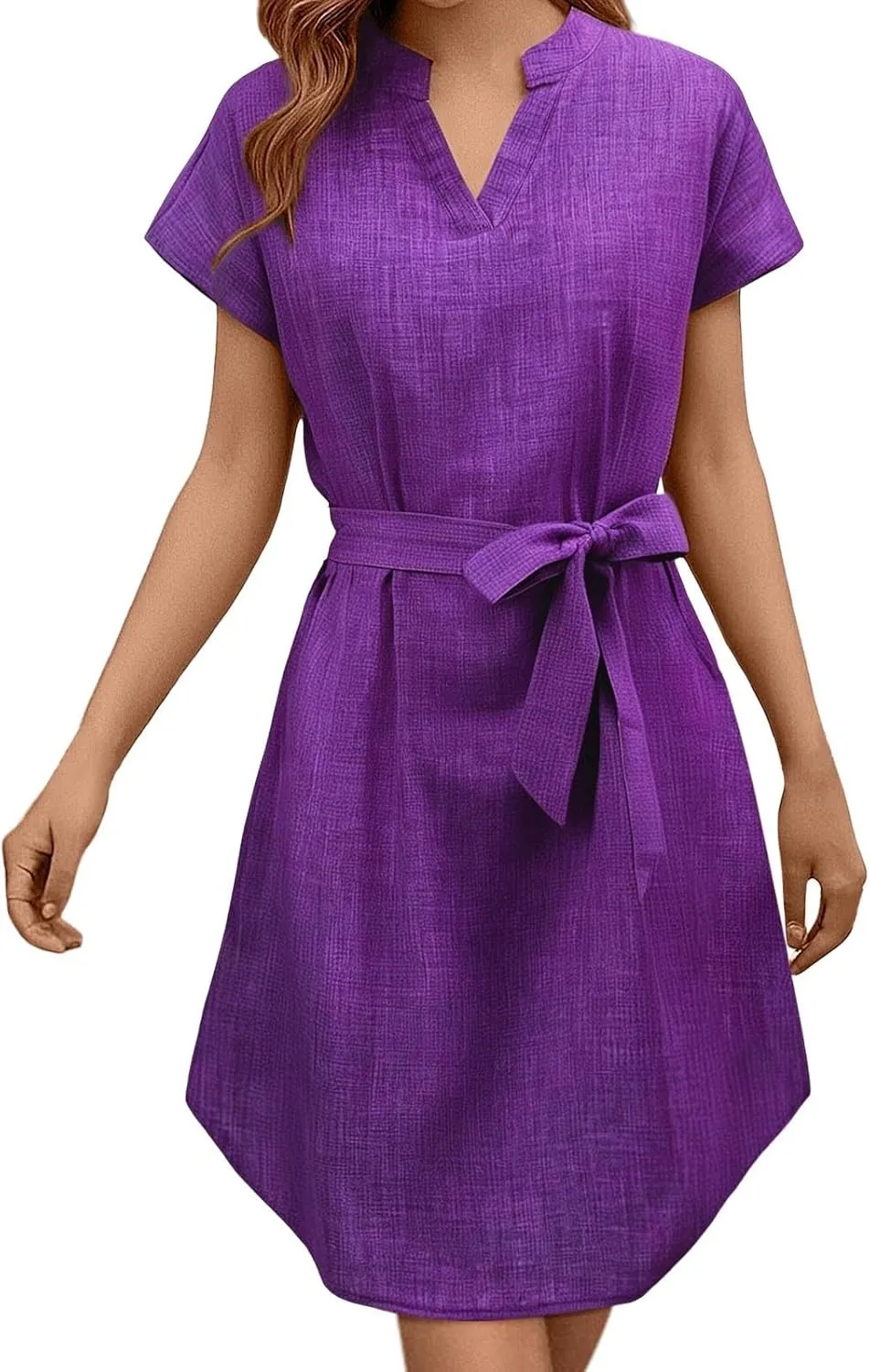 Womens Casual Mini Dresses Solid V Neck Short Sleeve Shirt Belted Dress Irregular Hem Sundress Spring Summer 2025