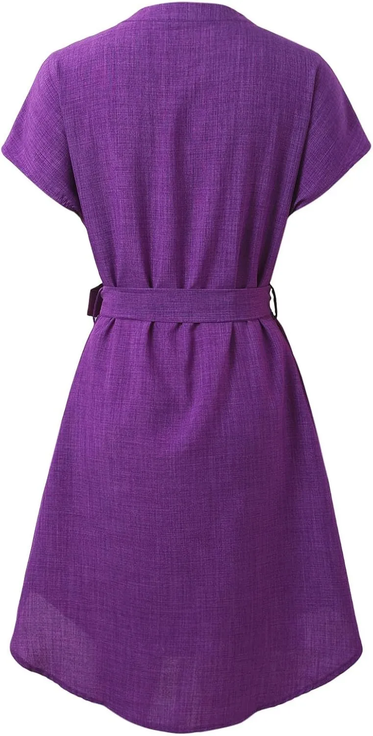 Womens Casual Mini Dresses Solid V Neck Short Sleeve Shirt Belted Dress Irregular Hem Sundress Spring Summer 2025