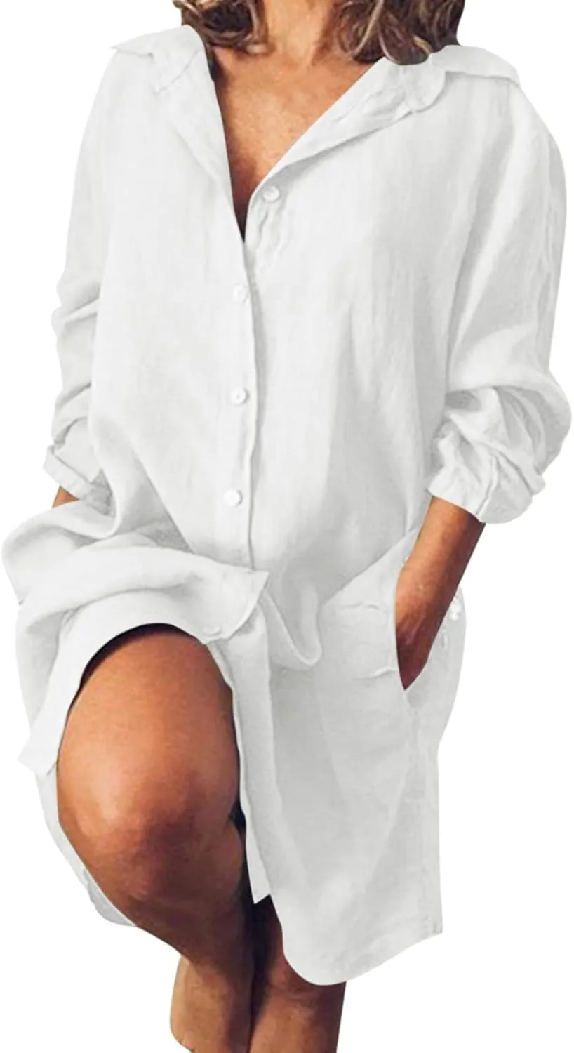 Womens Cotton Linen Midi Dress Summer Solid Color Long Sleeve V-Neck T-Shirt Dresses Plus Size Flowy Beach Dress