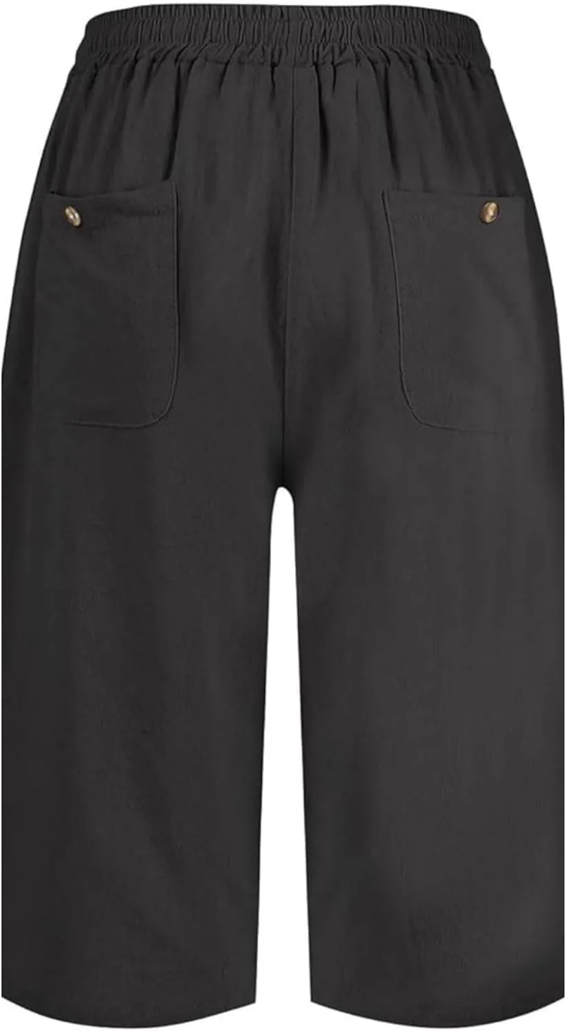 Women's Cotton Linen Shorts 2025 Casual Loose Knee Length Beach Pants Summer Drawstring Bermuda Shorts with Pockets