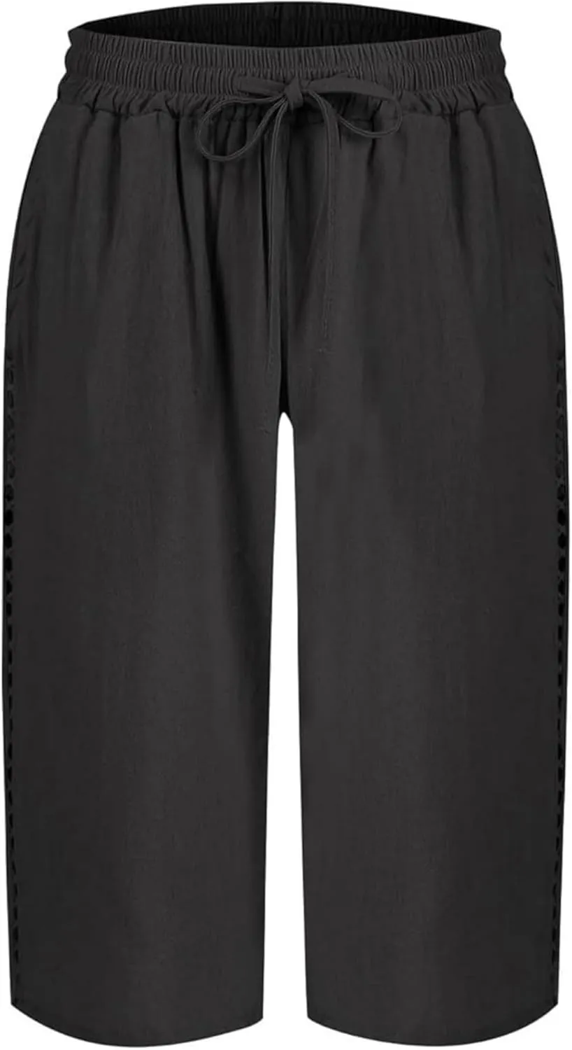 Women's Cotton Linen Shorts 2025 Casual Loose Knee Length Beach Pants Summer Drawstring Bermuda Shorts with Pockets