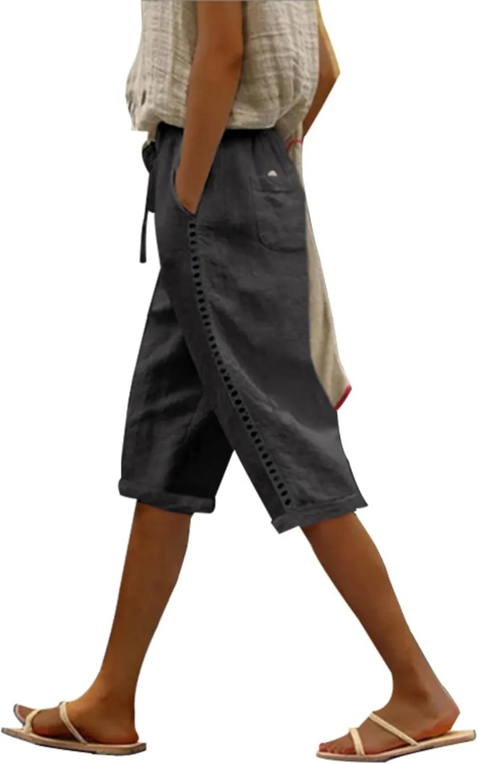 Women's Cotton Linen Shorts 2025 Casual Loose Knee Length Beach Pants Summer Drawstring Bermuda Shorts with Pockets