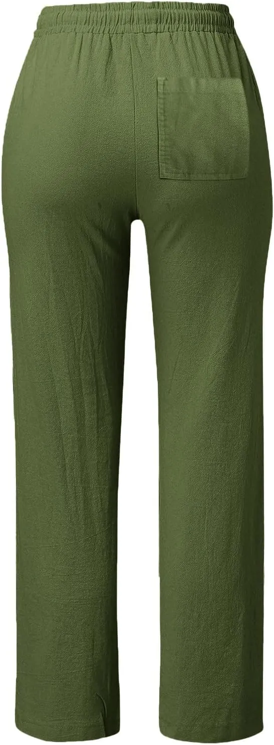 Womens Cotton Linen Summer Casual Flowy Palazzo Lounge Pants Elastic Waist Bootcut Slim Fit Trouser Travel