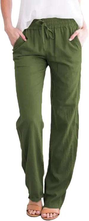 Womens Cotton Linen Summer Casual Flowy Palazzo Lounge Pants Elastic Waist Bootcut Slim Fit Trouser Travel