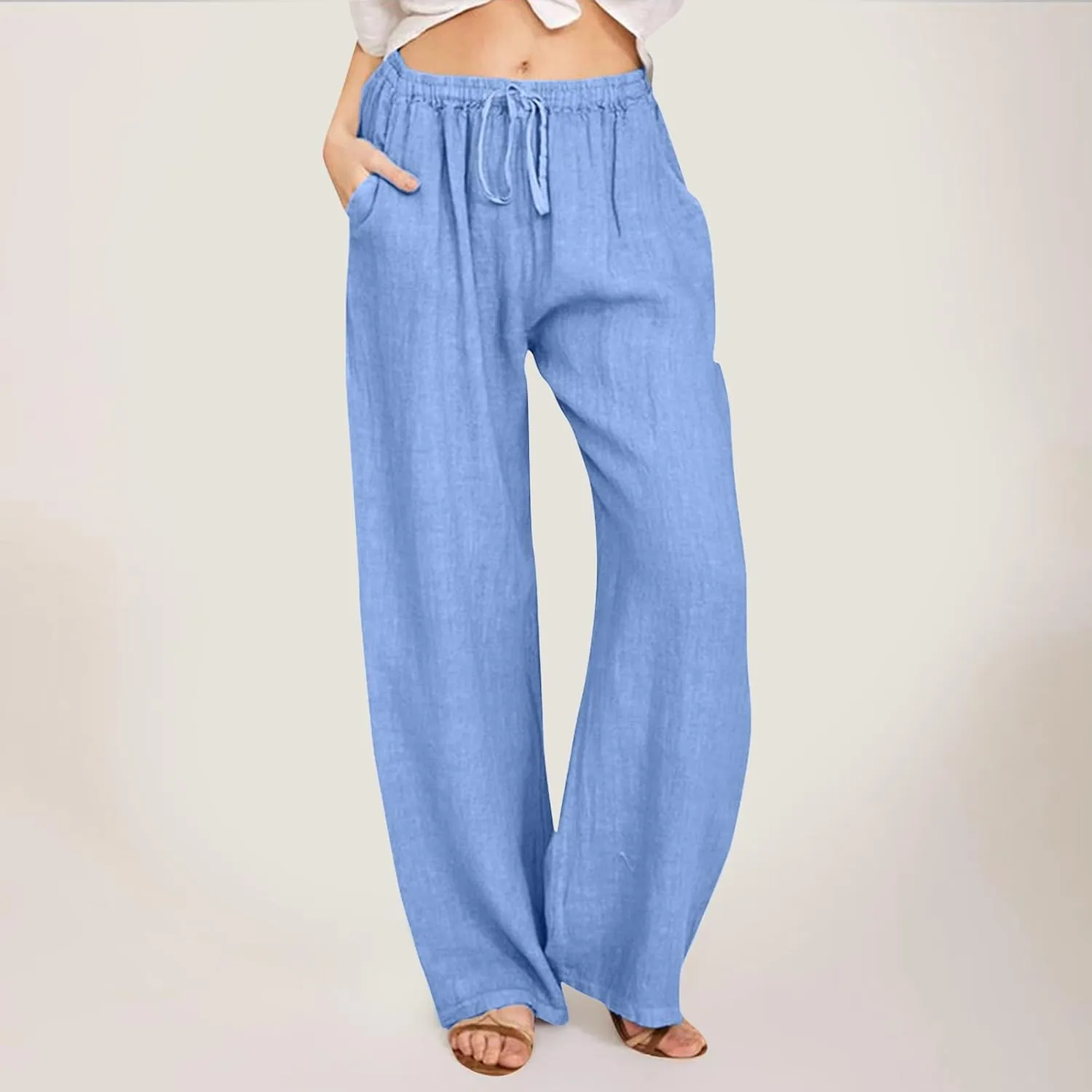 Women's Cotton Linen Summer Flowy Palazzo Lounge Pants Low Waist Ankle Length Loose Fit Palazzo Pants Work Business