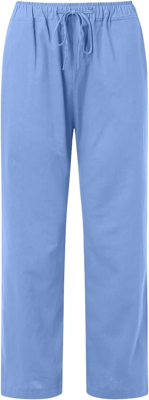Women's Cotton Linen Summer Flowy Palazzo Lounge Pants Low Waist Ankle Length Loose Fit Palazzo Pants Work Business