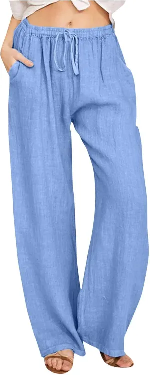 Women's Cotton Linen Summer Flowy Palazzo Lounge Pants Low Waist Ankle Length Loose Fit Palazzo Pants Work Business