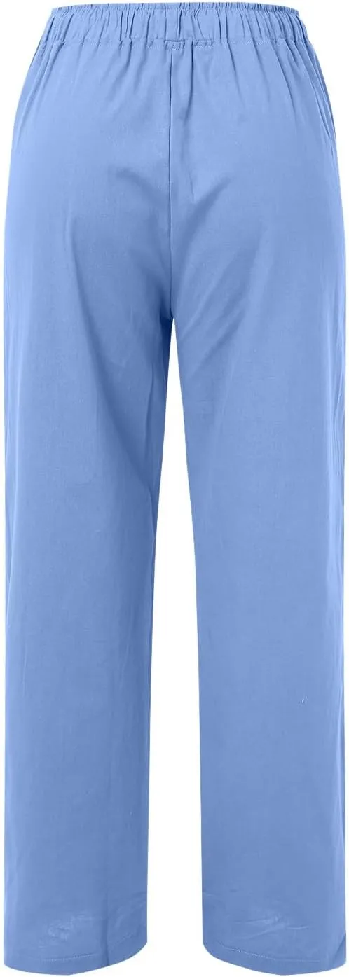 Women's Cotton Linen Summer Flowy Palazzo Lounge Pants Low Waist Ankle Length Loose Fit Palazzo Pants Work Business