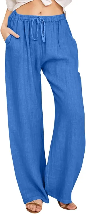 Women's Cotton Linen Summer Letter Patched Pant Trousers Elastic Waist Long Lounge Slim Fit Pants Office