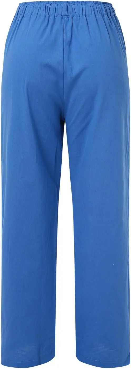 Women's Cotton Linen Summer Letter Patched Pant Trousers Elastic Waist Long Lounge Slim Fit Pants Office