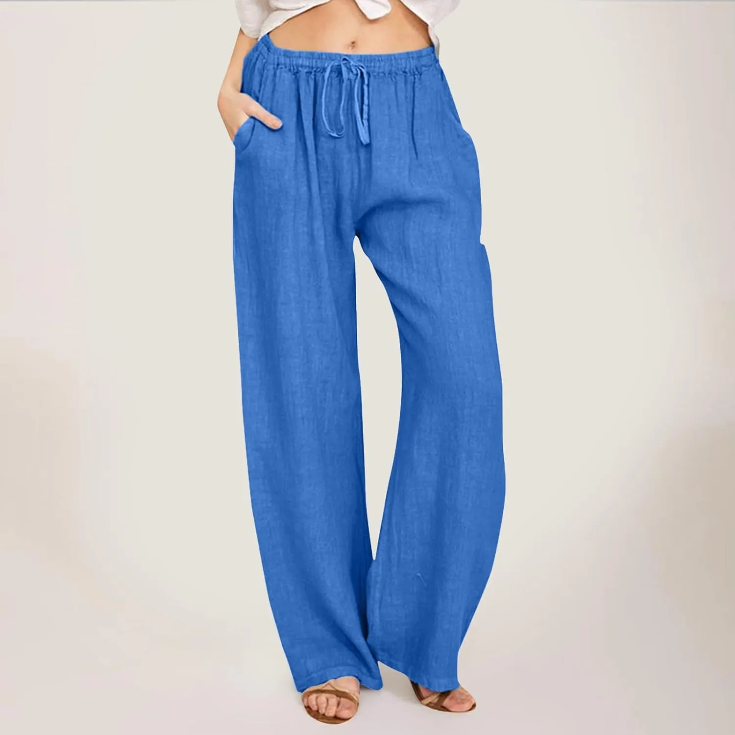 Women's Cotton Linen Summer Letter Patched Pant Trousers Elastic Waist Long Lounge Slim Fit Pants Office
