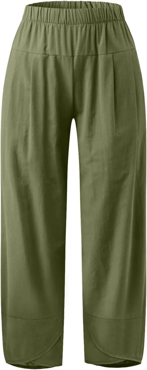 Womens Cotton Linen Summer Printed Pant Trousers Elastic Waisted Stretchy Loose Fit Palazzo Pants Travel