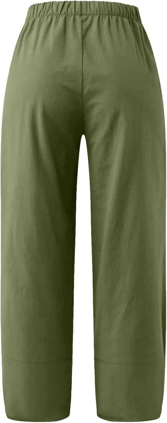 Womens Cotton Linen Summer Printed Pant Trousers Elastic Waisted Stretchy Loose Fit Palazzo Pants Travel