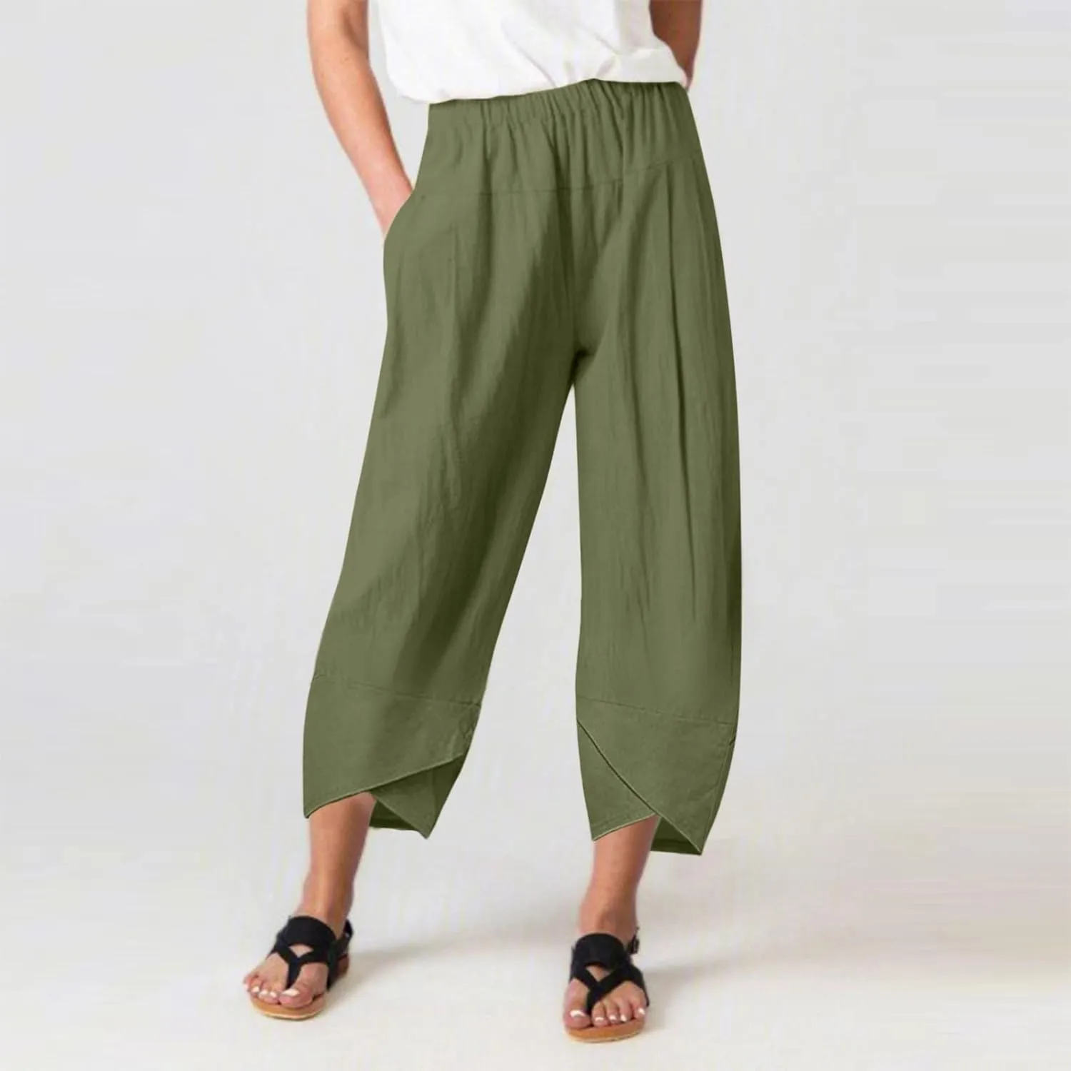 Womens Cotton Linen Summer Printed Pant Trousers Elastic Waisted Stretchy Loose Fit Palazzo Pants Travel